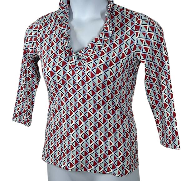 J. McLaughlin Durham Ruffle Top Size XS Geometric Diamond Print 3/4 Sleeve - Picture 4 of 13